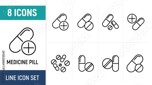 Pharmaceutical medication icons a comprehensive set of line drawings depicting various pill and capsule forms