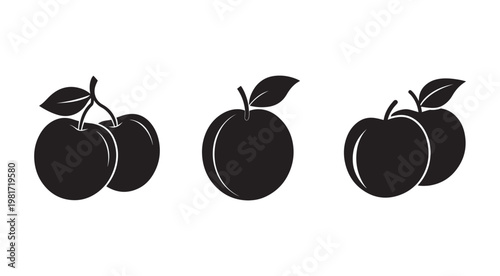 Setofthreedifferentblackappleiconswithleavesisolatedonwhitebackgroundforfoodandfruitrelateddesigns