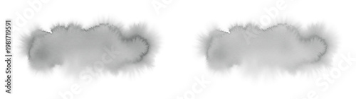 Watercolor grey ink wash brush strokes, abstract smoke cloud elements, set of 2 artistic paint splatters on white background