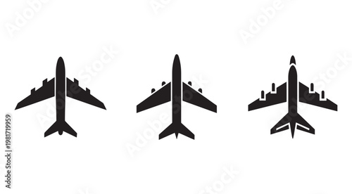 Three black airplane silhouettes in different angles and positions on white background for travel and transportation concepts