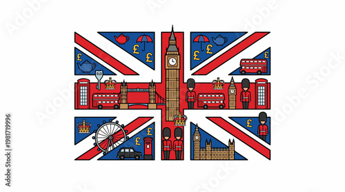 Collage of UK landmarks on a Union Jack background, featuring Big Ben, red telephone booth, and a London double-decker bus