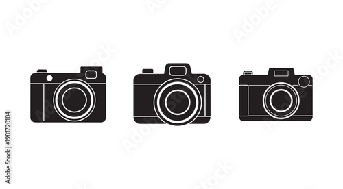 Three black and white camera icons in different angles and designs  simple photography tools