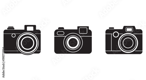 Three black and white camera icons in different styles on a white background for graphic design use  simple photography symbols