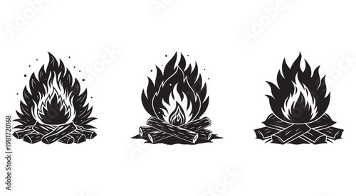 Three black and white campfire illustrations with flames rising from wood logs  isolated on transparent background