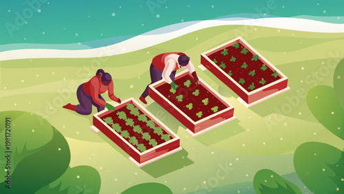 Building Raised Garden Beds Scene Vector Illustra