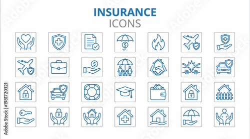 Comprehensive set of insurance icons illustrating policy, coverage, claims, risk management, and protection concepts for websites, apps, and marketing materials