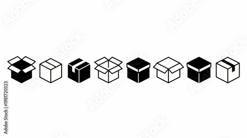 Set of isometric black and white 3D cube icons arranged in a row, featuring outline and solid variants for a minimalist geometric design asset.