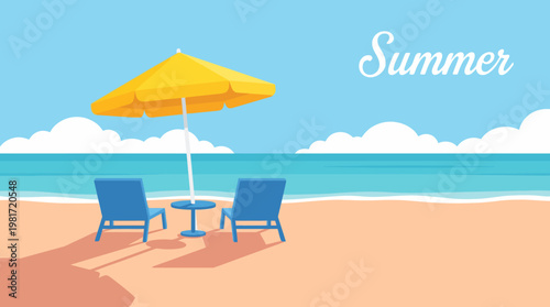 Sunny beach scene with two blue lounge chairs and a yellow umbrella on a sandy shore overlooking the ocean