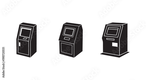 Three black and white illustrations of different automated teller machine designs  isolated on white background