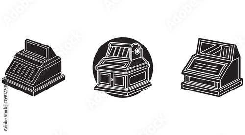 Three black and white illustrations of different cash registers on white background  cash register designs