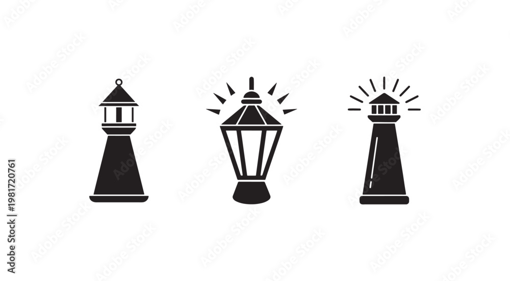 Fototapeta premium Three black and white lighthouse and lantern icons on white background tower light symbols