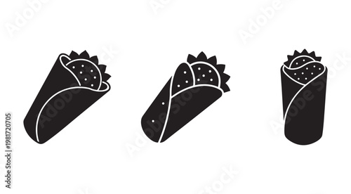 Three black and white illustrations of tacos with different fillings and toppings  Mexican food icons