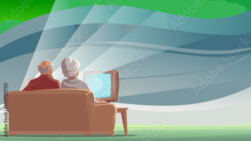 Grandparents Watching tv Together Scene Vector il