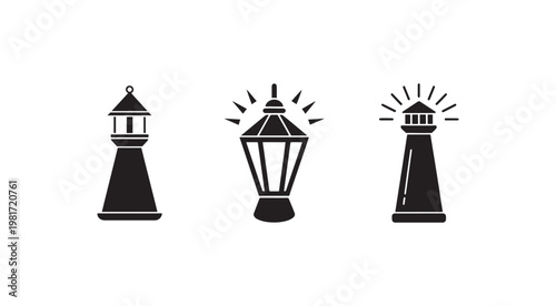 Three black and white lighthouse and lantern icons on white background  tower light symbols