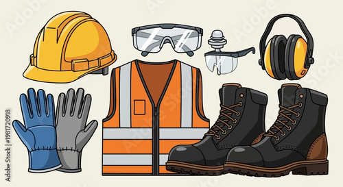 Construction Safety Gear Collection: Hard Hat, Vest, Boots, Gloves, Goggles, Ear Defenders