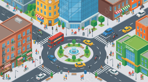 A vibrant illustration showcasing a city roundabout filled with people, vehicles, and urban elements, portraying the active lifestyle and daily hustle in a modern city environment.