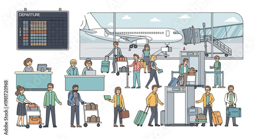 Airport Scene: People Traveling with Luggage, Check-in Counters, Departure Board, Airplane and Jet Bridge
