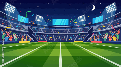 An animated depiction of a lively sports stadium filled with cheering crowds, surrounded by bright lights and colorful confetti, capturing the excitement and energy of game night.