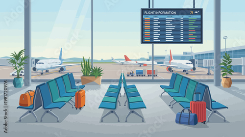 This contemporary airport interior showcases comfortable seating and flight information screens, representing travel and adventure while emphasizing modern architecture and convenience.