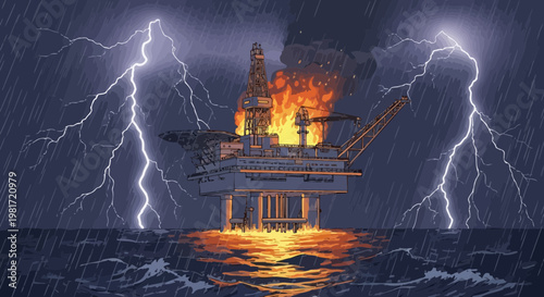 Offshore oil rig engulfed in flames during a fierce thunderstorm with lightning strikes.