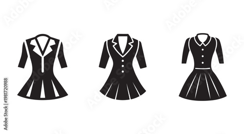 Three black and white silhouettes of schoolgirl uniforms with short sleeves and pleated skirts  isolated on white background