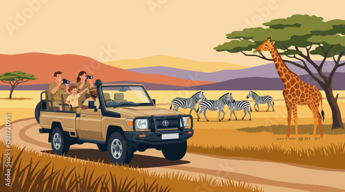 A thrilling image of tourists in a safari vehicle observing a giraffe and zebras in their natural habitat, capturing the joy of wildlife exploration and adventure in nature.