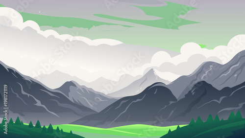 Ink Style Mountain Landscape Scene Vector Illustr