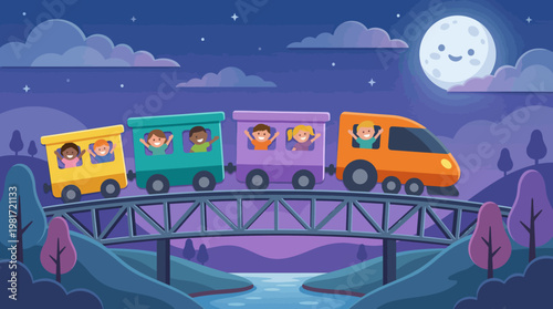 A playful illustration of a cartoon train traveling across a picturesque landscape, with smiling passengers enjoying their joyful journey under the moonlit night.
