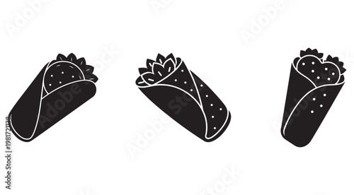 Three black and white tacos with different fillings and toppings  Mexican food icons  illustration
