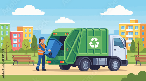 This colorful illustration depicts a waste collection scene with a recycling truck and a worker, emphasizing the importance of eco-friendly practices and community involvement in waste management.