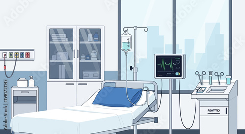 Hospital Room Interior with Medical Equipment, Bed, and City View