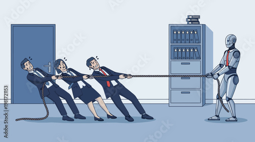 A humorous illustration showing a group of business professionals pulling a rope against a robot, highlighting the struggle between traditional and modern teamwork in a corporate environment.