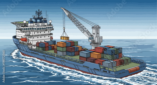 Container Ship Loading Cargo with Crane on the Ocean