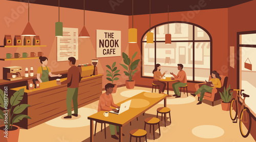 This warm and inviting cafe scene features patrons enjoying coffee, working on laptops, and socializing amidst a beautifully designed space filled with plants and natural light.