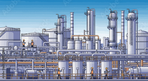 Pixel Art Industrial Plant with Workers and Blue Sky