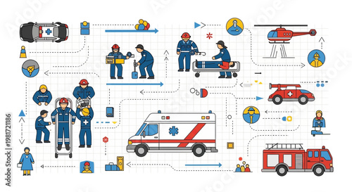 Emergency Services Medical Rescue Healthcare Icons - Ambulance, Firetruck, Helicopter, Paramedics