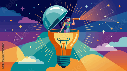This vibrant artwork portrays a woman standing in a light bulb, peering through a telescope, symbolizing creativity and exploration amidst colorful cosmic scenery.