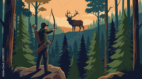 A serene landscape illustration depicting a hunter aiming at a deer, showcasing the beauty of nature and the delicate balance between wildlife and human interaction in the wilderness.
