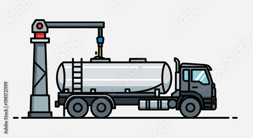 Fuel Tanker Truck Refueling at Industrial Station, Vector Illustration