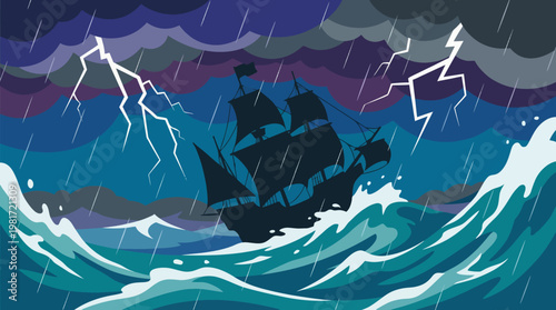 An intense illustration of a ship battling through a storm with dramatic waves and lightning, symbolizing courage, struggle, and the power of nature.