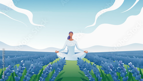 Mindful Woman Meditating Among Lavender Field Scen
