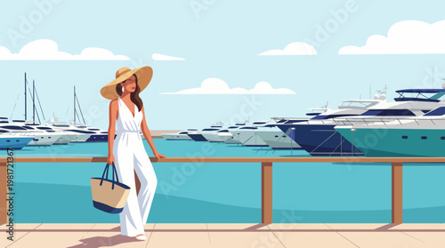 This fashionable image captures a woman in a stylish outfit posed at a marina, surrounded by luxury yachts, epitomizing elegance, leisure, and a glamorous lifestyle.