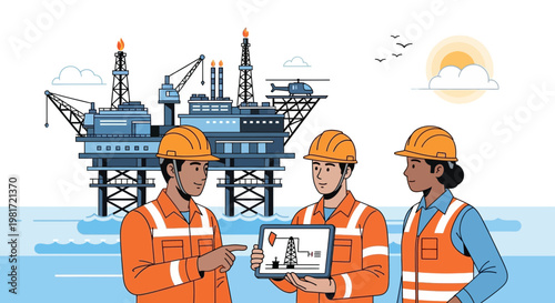Offshore Oil Rig Workers Discussing Project on Tablet with Drilling Platform Background
