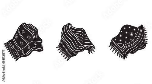 Three black bandanas with white designs on a white background  scarf  cloth  fabric  texture  pattern