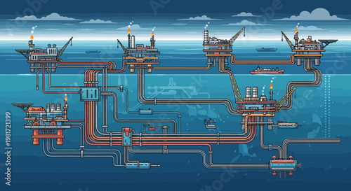 Offshore Oil Rig Platform Complex with Underwater Pipelines and Ships