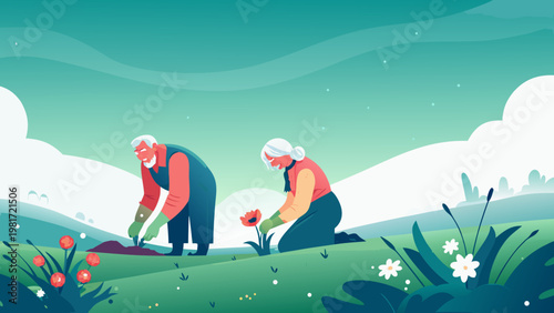 Old Couple Gardening Together Scene Vector Illust