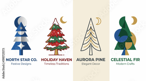 A collection of visually appealing holiday logos representing different themes and elements, including Christmas trees and festive designs for a brand identity.