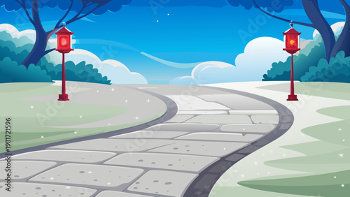 Oriental Garden Path Scene Vector Illustration of