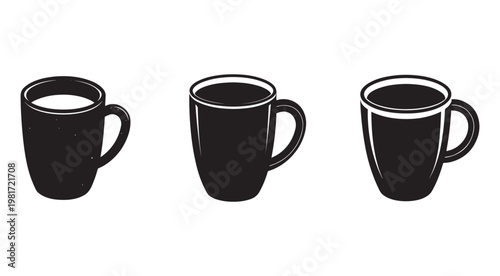 Three black coffee mugs with handles on white background for beverage or kitchen concept  simple illustration style
