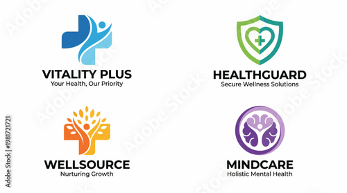 This collection features four unique healthcare logos, each designed with a focus on wellness and mental health, perfect for professionals seeking a modern and reliable brand identity.